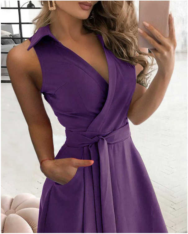 Sexy Sleeveless Wrap Women Midi Dress Fashion V Neck Belt Pocket Bag Hip Big Swing Ladies Elegant Party Summer es 210526