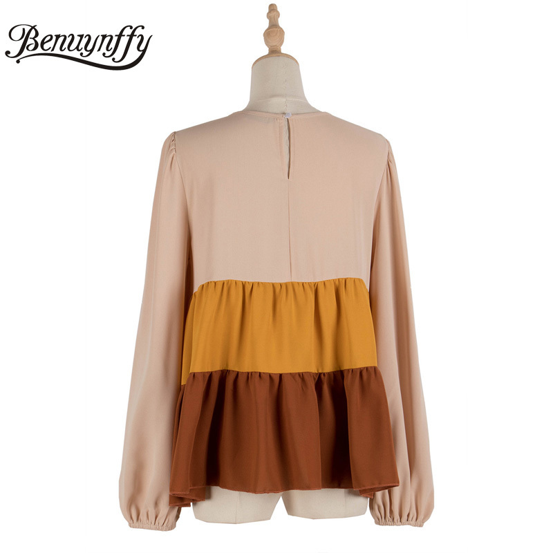 Round Neck Color Block Pleated Women T-Shirts Spring Casual Loose Smock Tees Long Sleeve O-Neck Woman Tshirt Tops 210510