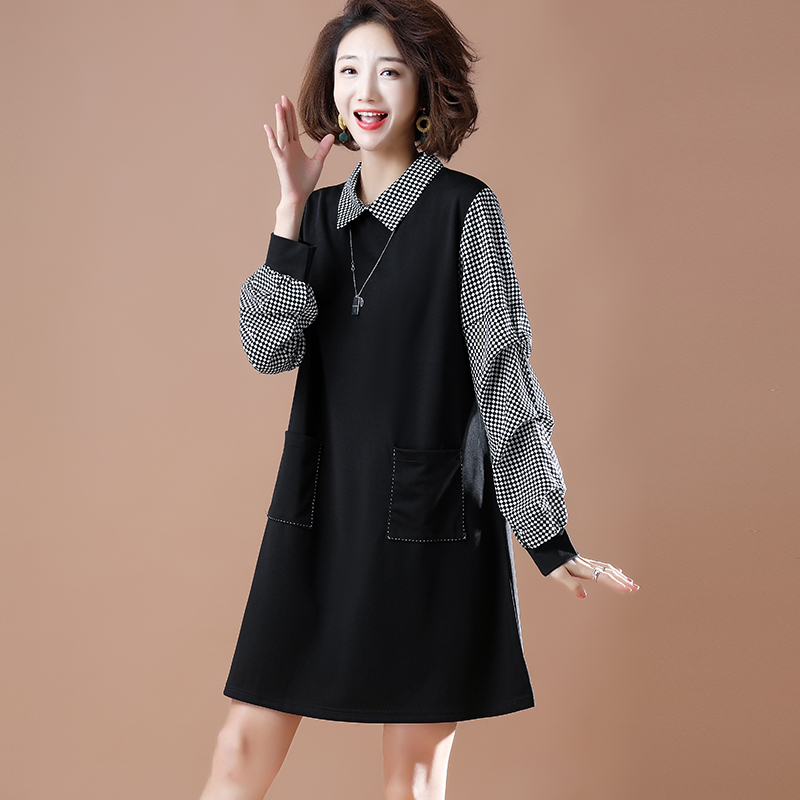 Plus Size Plaid Patchwork Women Spring Autumn Long Sleeve Turn-Down Collar Fashion Ladies Midi Tshirt Dress D0D323N 210416