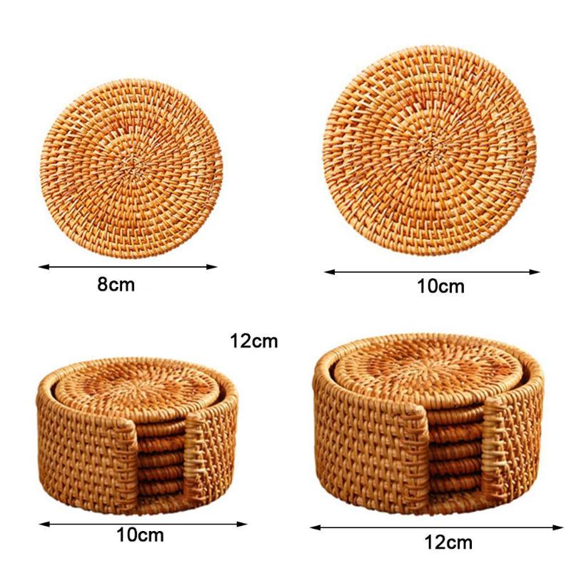 Mats & Pads 6pcs Handmade Woven Rattan Cup Coasters With Basket Non-slip Placemat Tea Trays Coffee Mugs Table Mat Insulation Tableware
