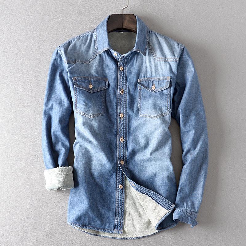 Quality Winter Men Casual Denim Shirt 100%cotton Solid Thicken Keep Warm Long Sleeve Tops Man Chemise Homme Plus Size 4XL Men's Shirts