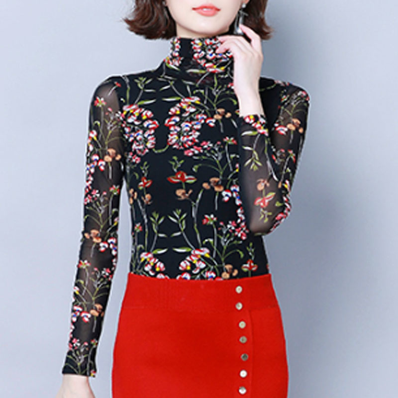 Autumn Fashion Women Thin Blouses Long Sleeve Turtleneck Tops Casual Printed Floral Clothing 6127 50 210506