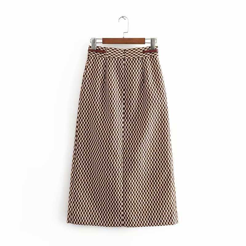 oversized women fashion skirts autumn geometric print midi skirt casual vintage office with belt ladies long 210619