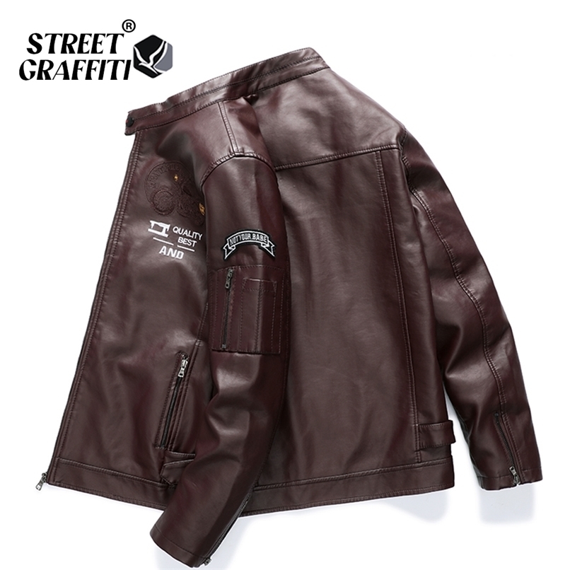 Men's Winter Casual Embroidery Faux Leather Coats Jackets Men Autumn Motorcycle PU Fleece Windproof Jacket Biker For Male 211119
