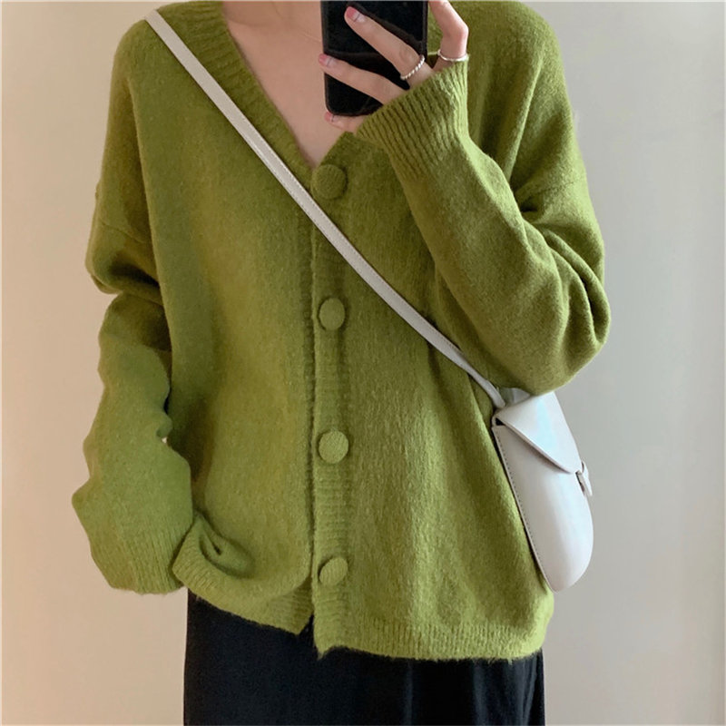 Selling Casual Solid Students Cardigans Fashion All-Match Knitted Office Lady Feminine Chic Loose V-Neck Sweaters 210421