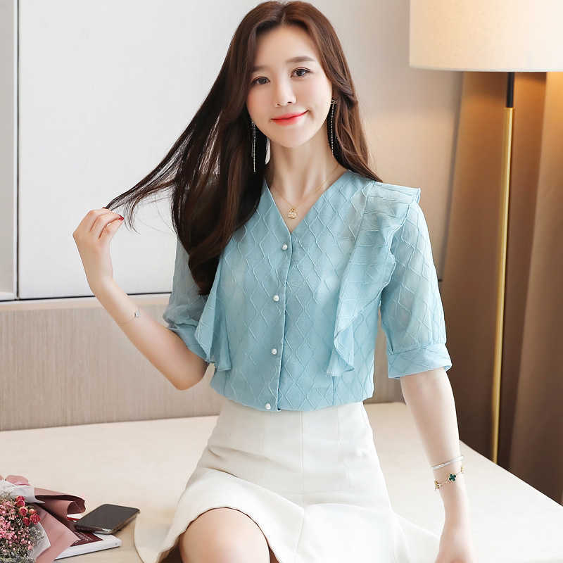 Korean Chiffon Women Blouses Shirts Woman V-neck Mesh Blouse Tops Ruffles Plus Size Blusas Femininas Elegante 210531