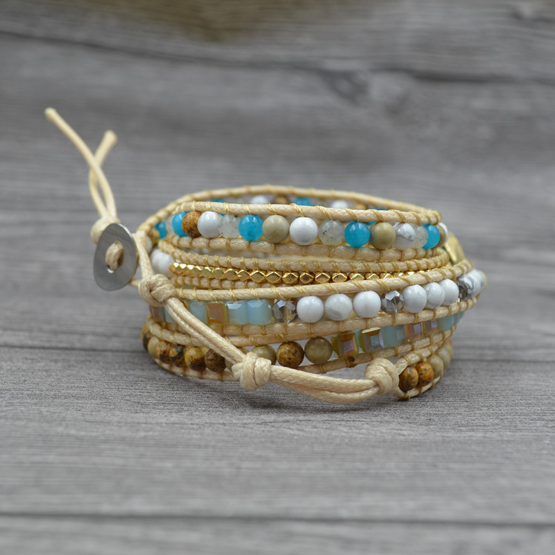 Women Leather Beaded Bracelet Ocean Stone Bead Strand Bohemian Wrap Turquoise Jasper Bangle Multilayer Jewelry