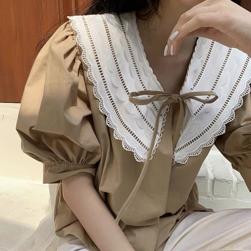 Korean Sweet Blusas Peter Pan Collar Summer Lace Up Short Women Blouses Puff Sleeve Retro Ropa Mujer 210415