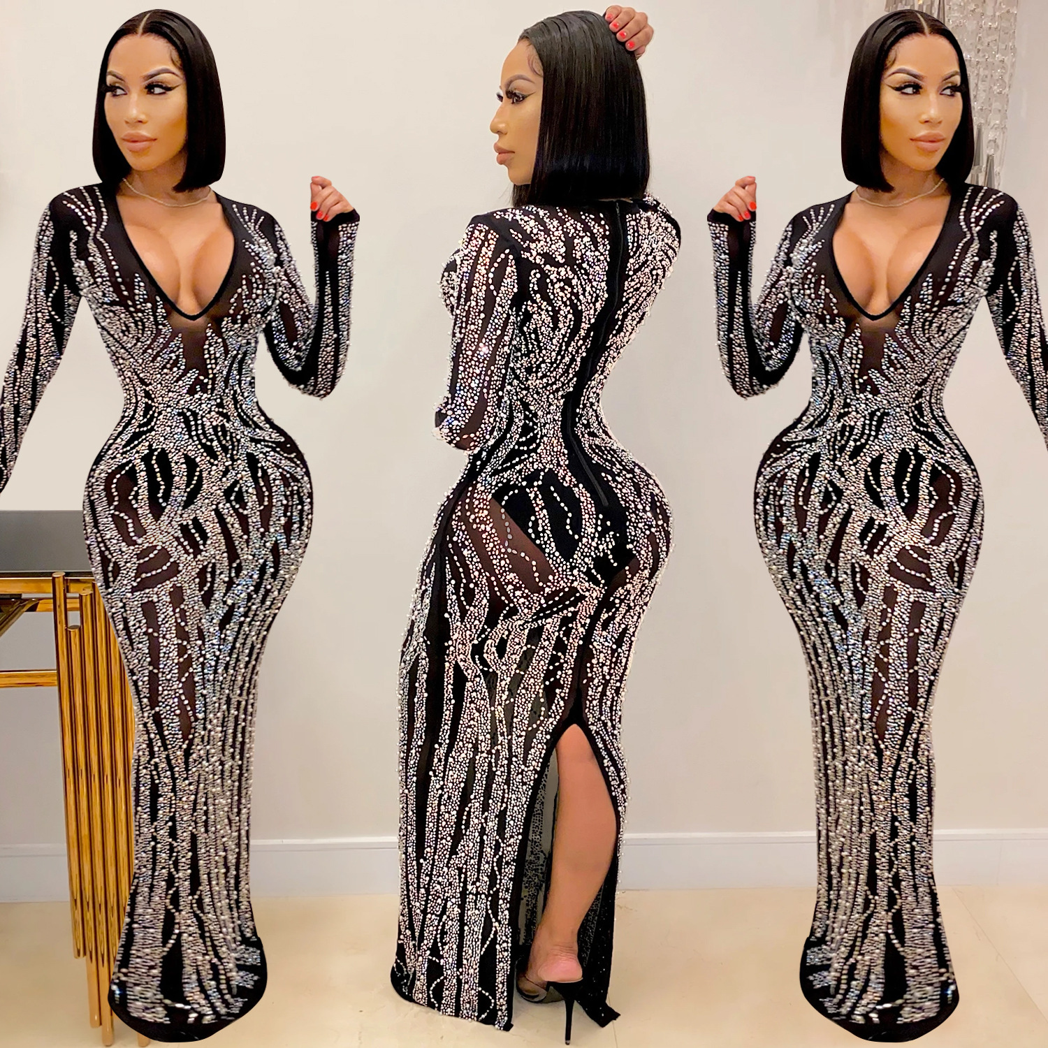 Kalenmos New Nightclub Sexy Dresses Women Diamond V-ne Long-sleeved See-through Mesh Shiny Womens Party Floor Dress Woman
Kalenmos New Nightclub Sexy Dresses Women Diamond V-ne Long-sleeved See-through Mesh Shiny Womens Party Floor Dress Woman
