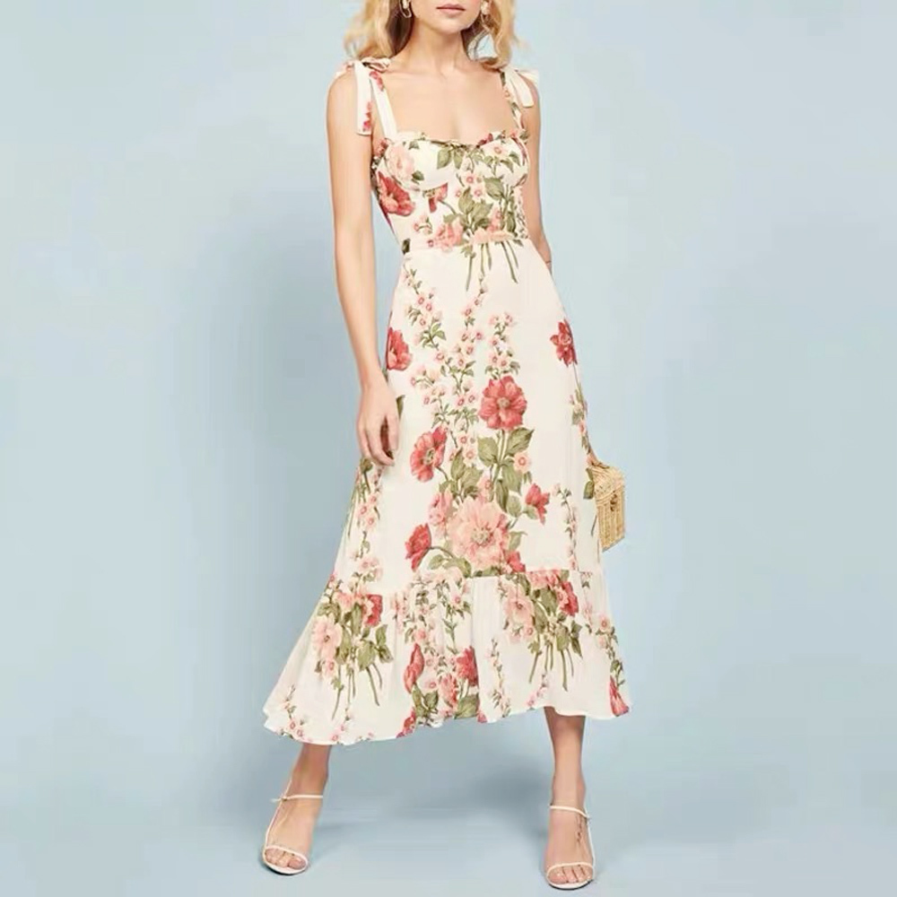 spaghetti strap midi dress ruched summer casual flower printed holiday floral kleid camisole plus size túnicas mujer 2XL 210421
