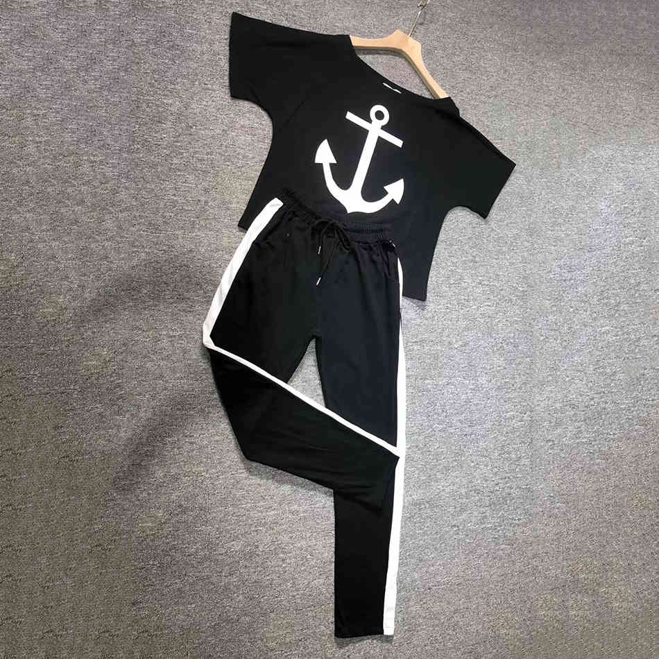 Free Summer Leisure Sports Suit Women's Round Neck Short Sleeve Anchor Print T-shirt & Two-piece Elastic Pants 210524