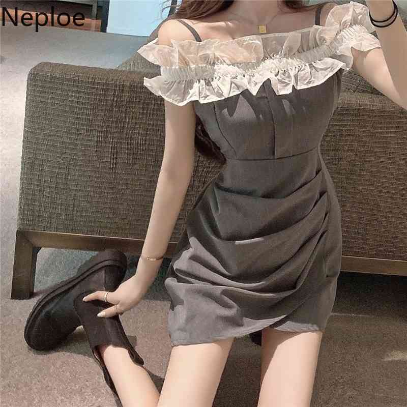 Neploe Bodycon Dress Women Sexy Lady Summer Fashion Robe Slash Neck Sleeve Ruffles Vestidos Pleated Irregular Mini Dresses 210422