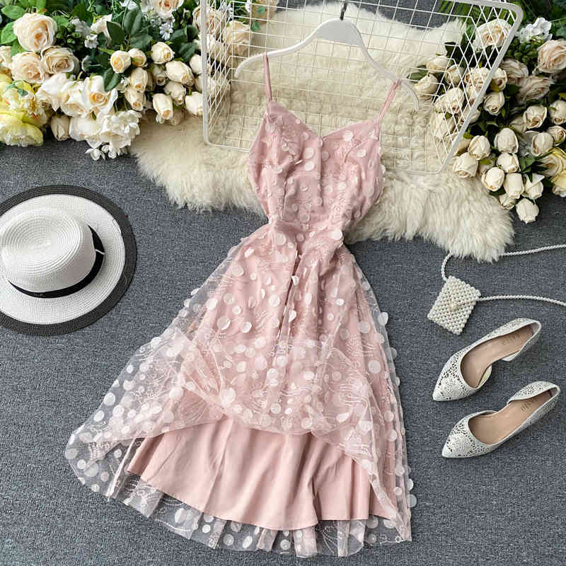 Summer Women Sexy V Neck Spaghetti Strap Party Dress Slim High Waist Backless Polka Dot Tulle Fairy Dress Vestidos 210521