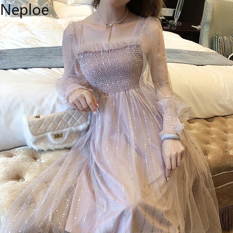 Neploe Summer Elegant Dress Women Sequin Spotted Sweet Princess Gauze Vintage Midi Vestidos Female Pleated Slim Holiday Dresses 210422