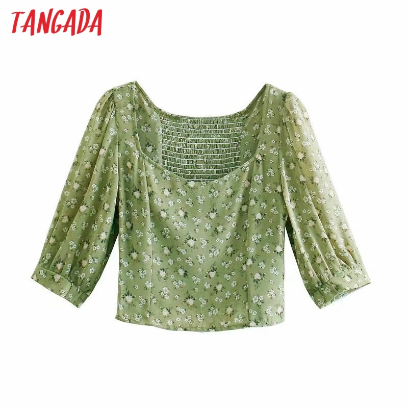 Women Retro Green Floral Print Crop Short Sleeve Summer Chic Female Sexy Slim Shirt Tops 3D50 210416