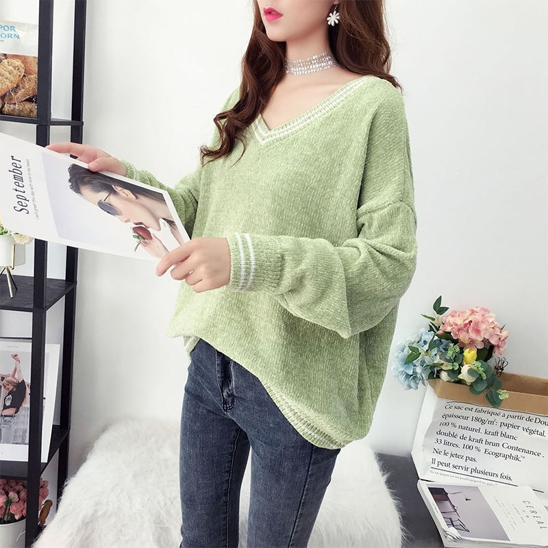 Winter Loose Wearing Chenille Sweater Coat Female Korean Fashion Wild V-neck Autumn Women 210427