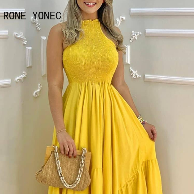 Women Elegant Dress Plain Sleeveless Ruched Maxi Pleated Dress Summer Dress 210409