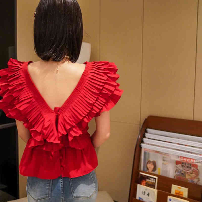 Vintage Patchwork Ruffle Shirt For Women V Neck Short Sleeve Elegant Blouse Female Fashion Clothing Style 210524