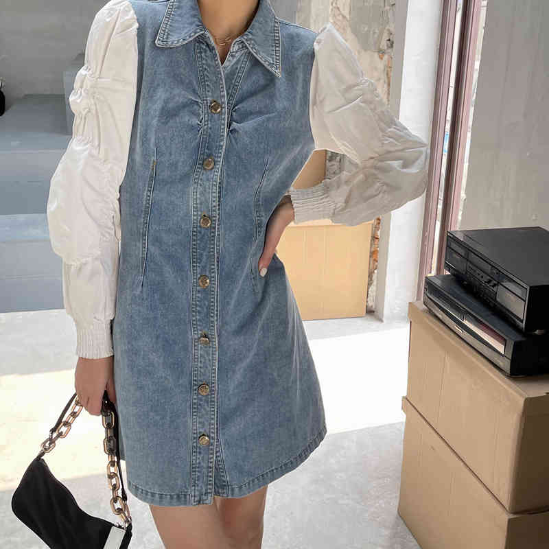 Dresses Casual Vintage Puff Long Sleeve Turn Down Collar Denim Dress Women Single-breasted Patchwork Vestidos Mujer Knee Street 210429