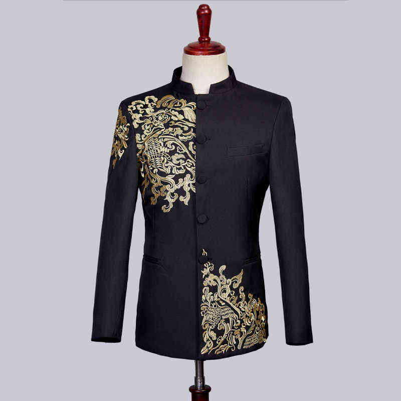 Black White Men's Suits Chinese style Gold Embroidery Blazers Prom Host Stage Outfit Male Singer Teams Chorus Wedding DS Costume 211120