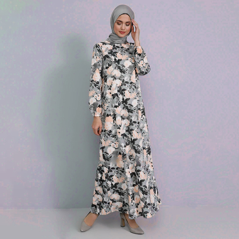 Women Floral Print Ankle Length Shirt Dress Long Sleeve Retro es Female Party 's Muslim 210428