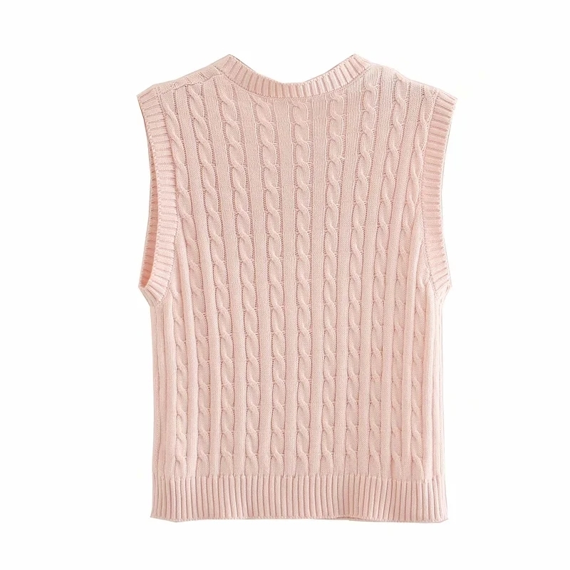 Women Sweater Cable Vest Classic Cable-Knit V-neck 210512