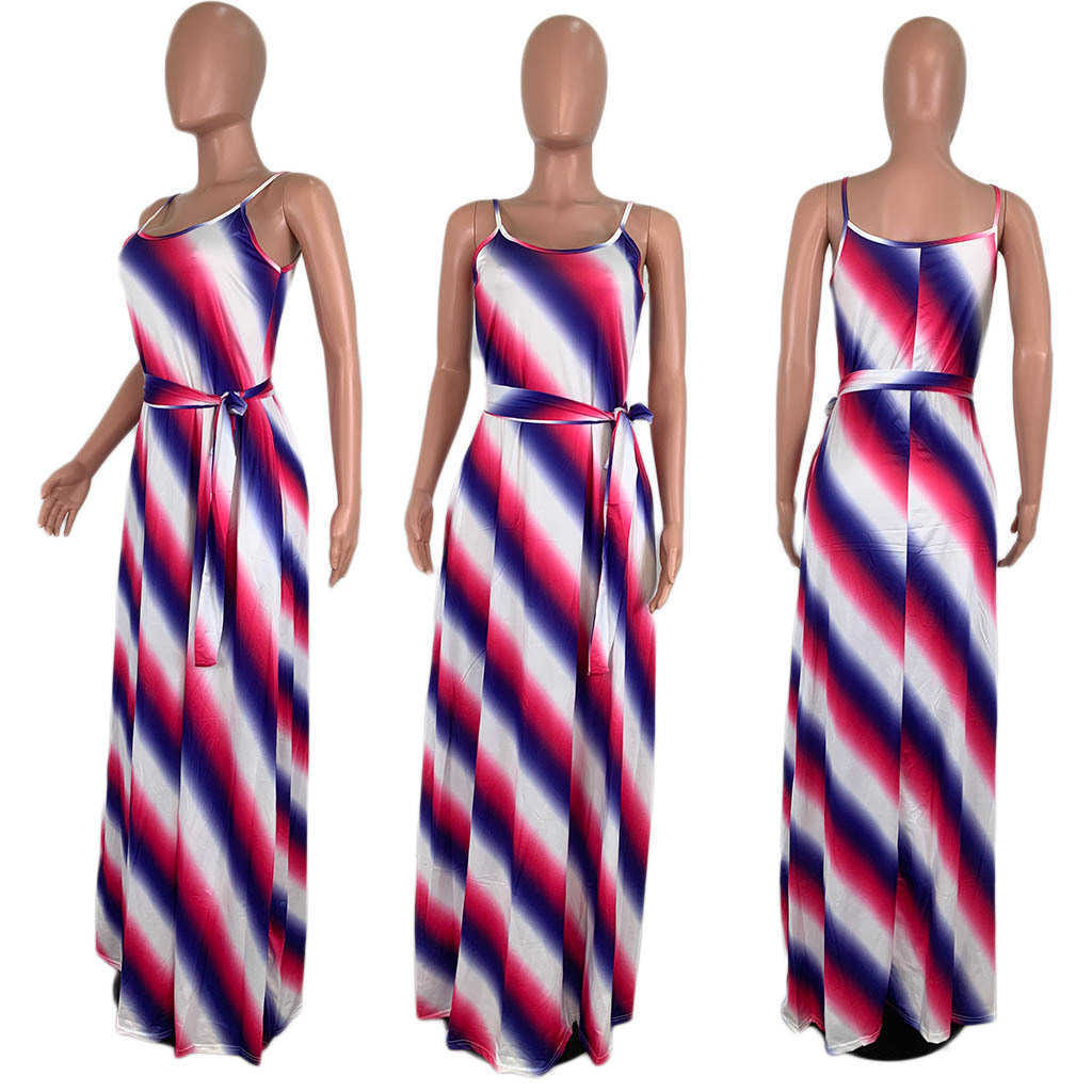 Women Spaghetti Strap Striped Belt Loose Style Maxi Dress 210702