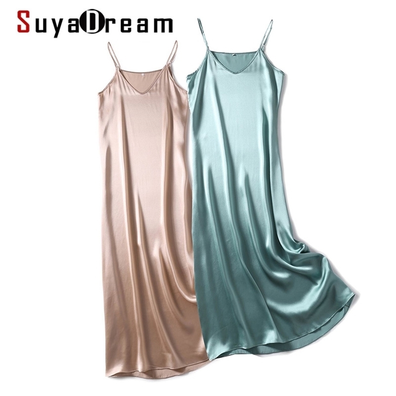 SuyaDream Woman Maxi Dress 100% Silk Satin Sleeveless Solid Spaghetti Strap Long Dresses Elegant Chic Slip Dress 210409