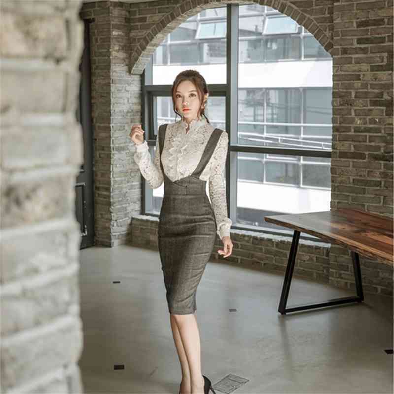 Spring Women 2 Piece Set Dress Fashion White Hollow Out Lace Blouse + Gray Vest Pencil Bodycon Skirt 210519