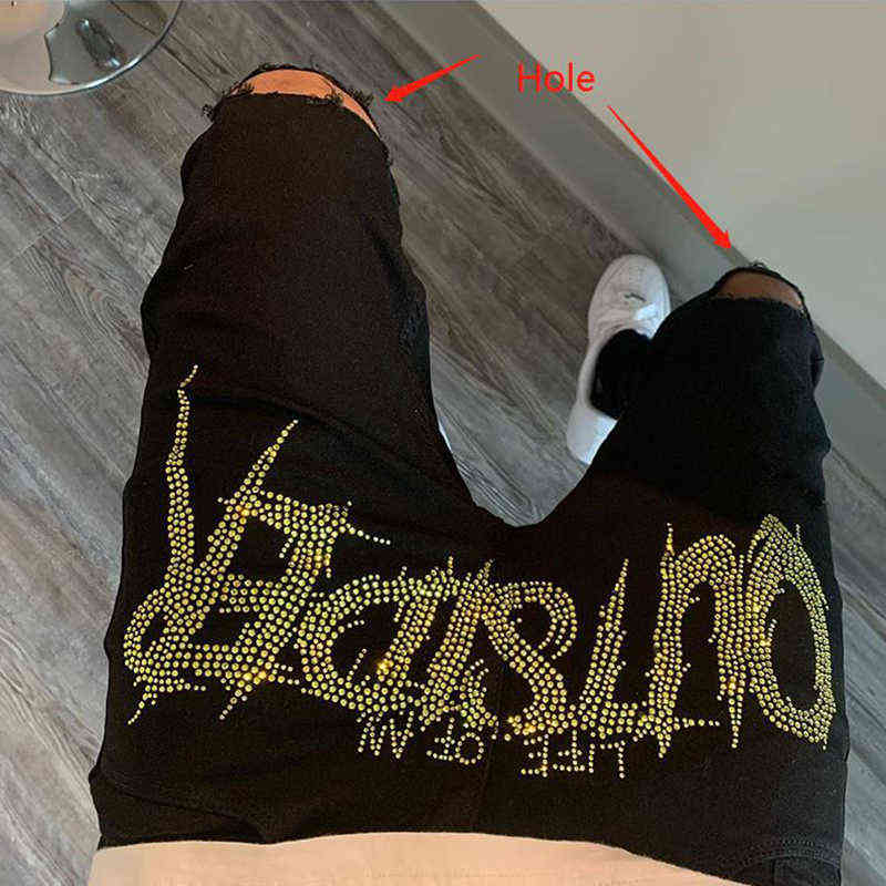 

Men's Black Jeans Fashion Cotton Cowboy Trousers Street Hot Drill Skinny Destroyed Stretch Slim Rhinestones Punk Denim Pants H1116, Tz001-green-hole