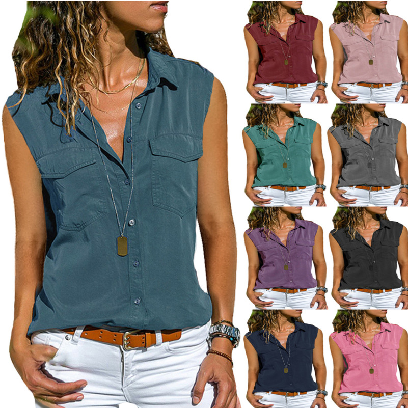 Summer Casual Blouse Women Top And Blouse Women Shirt Sleeveless Button Pocket Black Solid Turn-down Collar Shirt 42