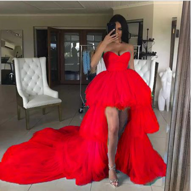 2022 Royal Blue High Low Prom Dresses Sweetheart Ruffles Tiered Tulle Short Front Long Back Special Occasion Party Dress Girls Graduation Evening Gown