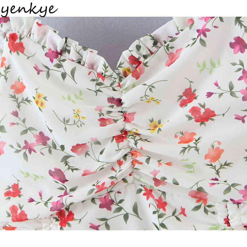 YENKYE Sweet Ruffle Floral Print Dress Women Front Drawstring Draped Bodycon Mini Sexy Dress Holiday Summer Sling Chiffon Robe 210515