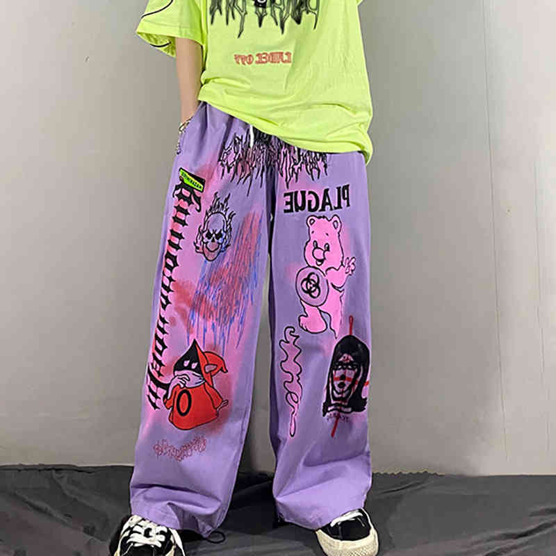 Graffiti Cartoon Print Trousers Women's Spring Loose Wide Leg Streetwear Drawstring Hip Hop Pants Tide 5B681 210427