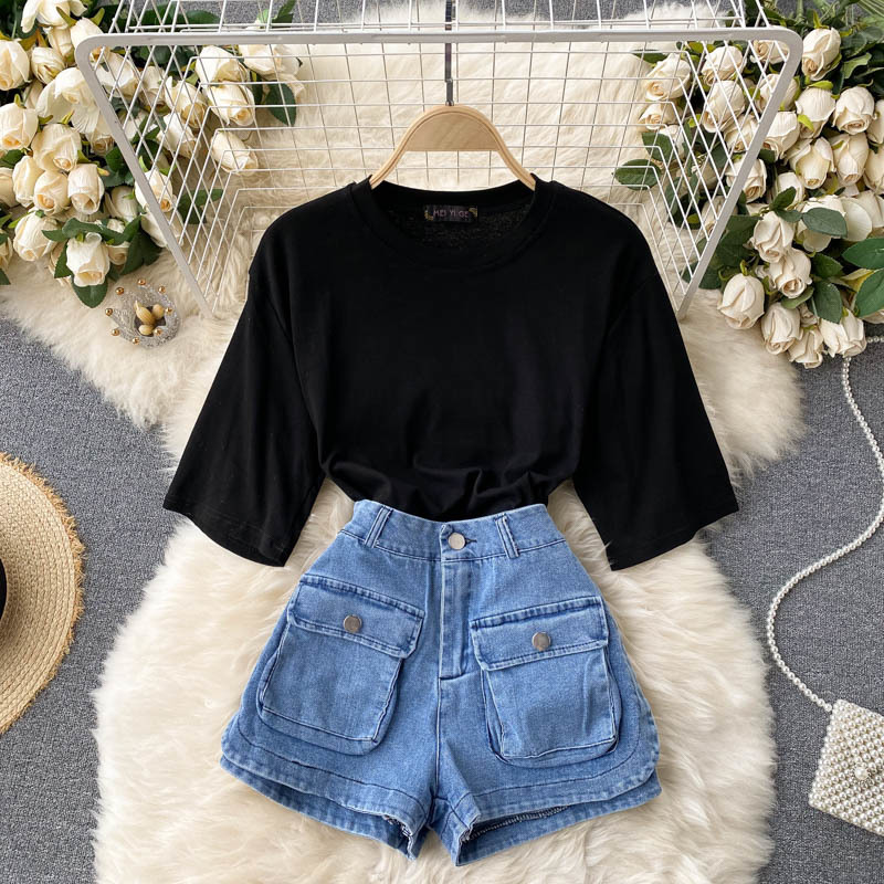 Women Two Piece Set High Waist Denim Shorts Preppy Style Round Collar Short Sleeve Fashion Spring Summer 11B527 210525, Black
Women Two Piece Set High Waist Denim Shorts Preppy Style Round Collar Short Sleeve Fashion Spring Summer 11B527 210525, Black