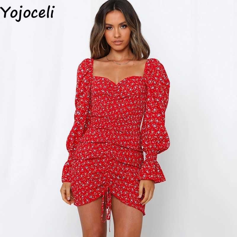 Yojoceli square neck floral print dres long sleeve bodycon mini boho beach 210609