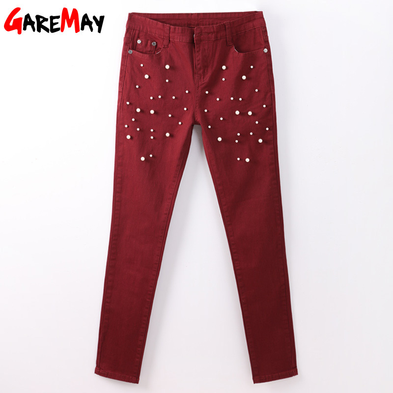 Beaded Pearl Female Jeans Woman Ankle Length Stretch Push Up With Beads Skinny Denim Pants Vaqueros Mujer 210428