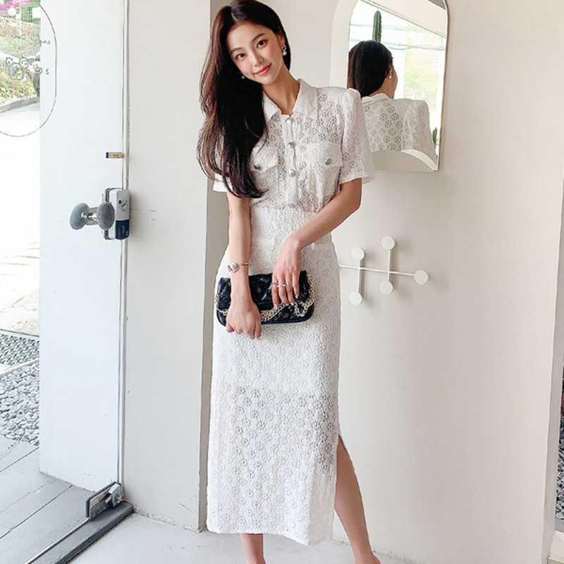 Summer Women 2 Piece Set Elegant White Lace Embroidery Shirt Tops + High Waist Bodycon Sexy Split Skirt Outfits 210526
Summer Women 2 Piece Set Elegant White Lace Embroidery Shirt Tops + High Waist Bodycon Sexy Split Skirt Outfits 210526