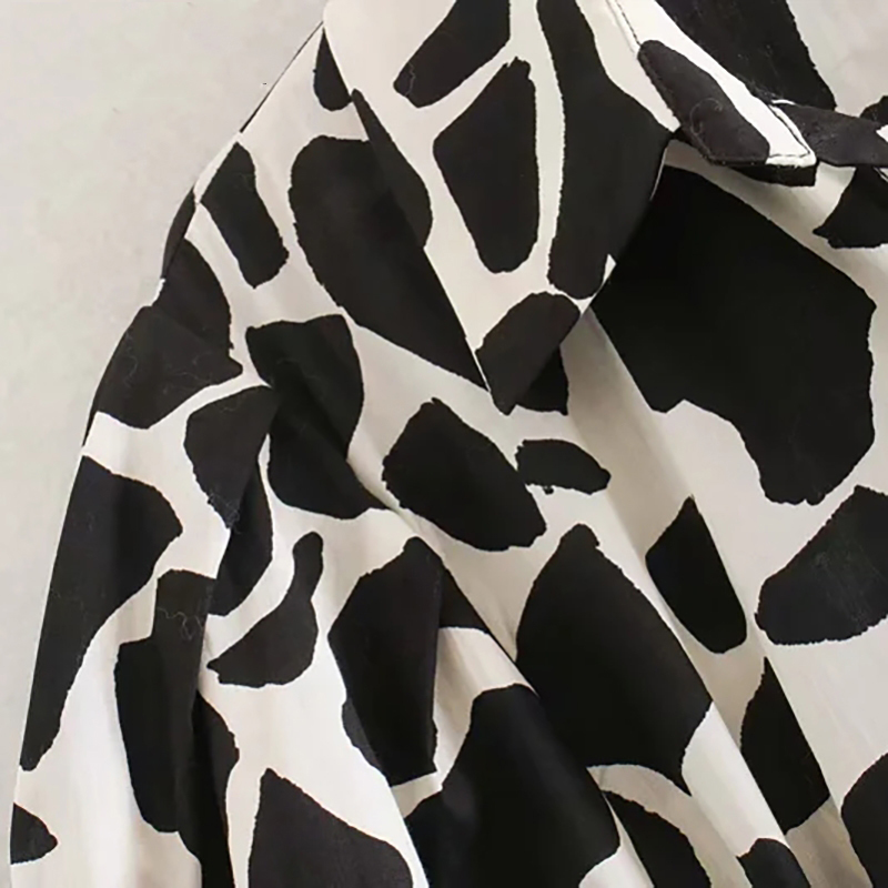 Women Fashion Animal Print Midi Dress With Belt Puff Short Sleeve Ruffles Dresses Turn Down Collar Office Shirt Dress 210414