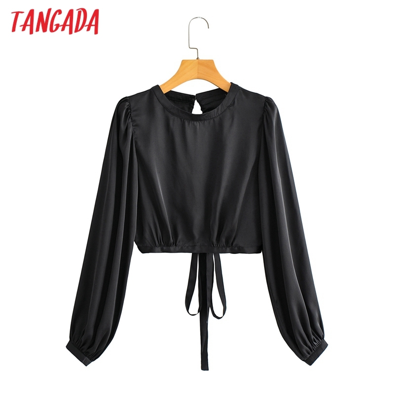 Women Retro Satin Crop Backless Long Sleeve Summer Chic Female Sexy Slim Shirt Tops YI11 210416
