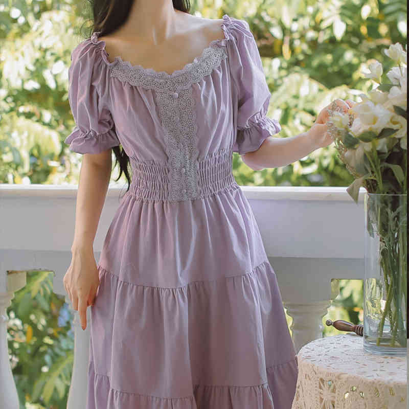 Luck A Girl Summer Purple Elegant Lace Long Maxi Dress Vintage Square Collar French Princess Dresses Casual Holiday Party Dress 210331