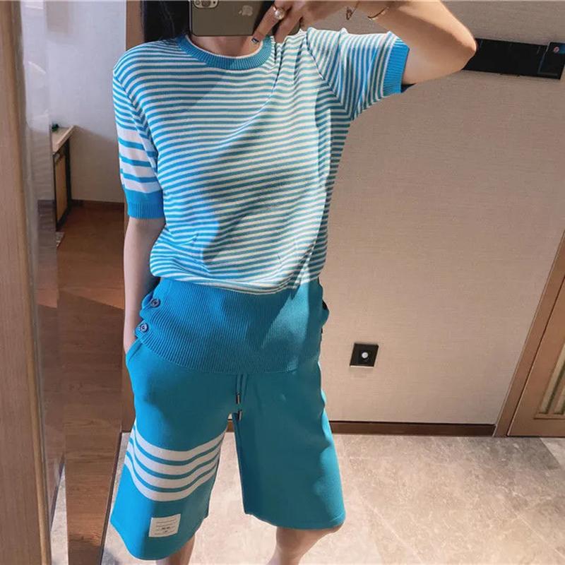 Summer Two-Piece Suit Casual Stripe Knitted Tracksuit Women Fashion Button Patchwork Knitwear T-Shirt And Loose Elastic Shorts Women's Track, Gray
Summer Two-Piece Suit Casual Stripe Knitted Tracksuit Women Fashion Button Patchwork Knitwear T-Shirt And Loose Elastic Shorts Women's Track, Gray