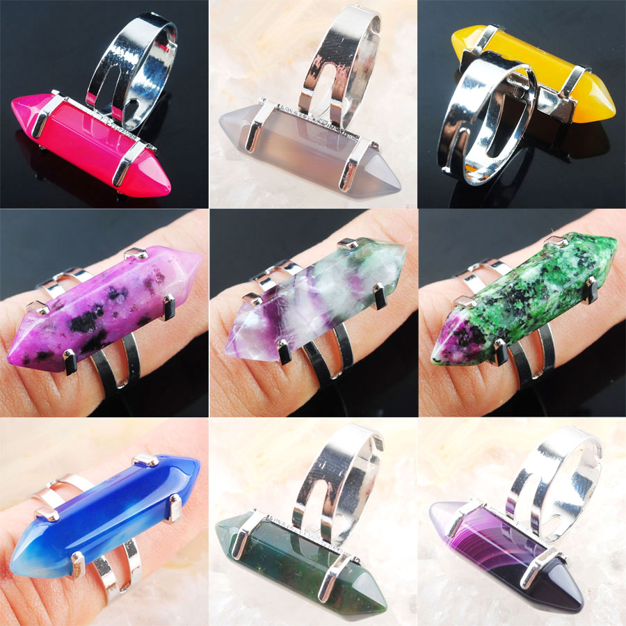 WOJIAER Natural Agates Jasper Gem Stones Rings Healing Reiki Chakra Beads Hexagon Ring 20mm (0.8") Adjustable DBX303