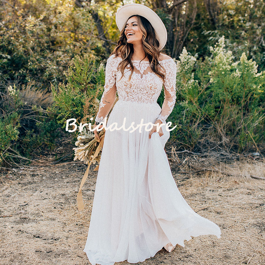 White Chiffon Country Wedding Dress With Lace Long Sleeve Plus Size Boho Wedding Dresses Jewel Neckling Women Bridal Gowns Robe De Mariée Beach Bohemi