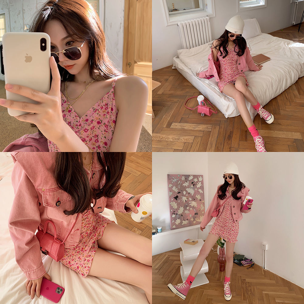 Summer Floral Dress Casual Pink Beach Party Trumpet Mini Dress Female V-Neck Puff Sleeve Flower Dress Korean Y2k 210521