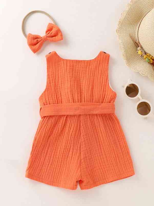 Baby Solid Belted Romper With Headband SHE