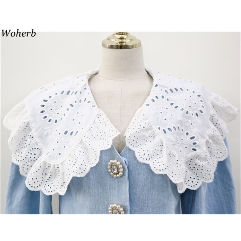 Elegant Tops Women Denim Shirt Lace Doll Collar Korean Style Fashion Blouse Cropped Vintage Blouses Blusas 210519