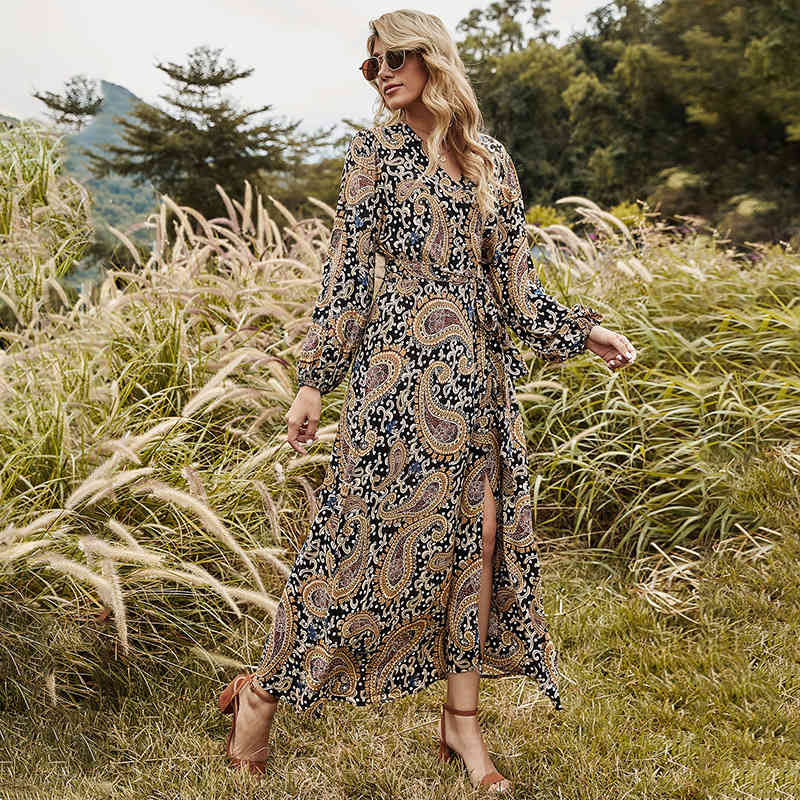 Women Dress V Neck Lantern Sleeve Bohemia es Sexy Long Print Floral Maxi Lace Up Split Plus Size es 210513