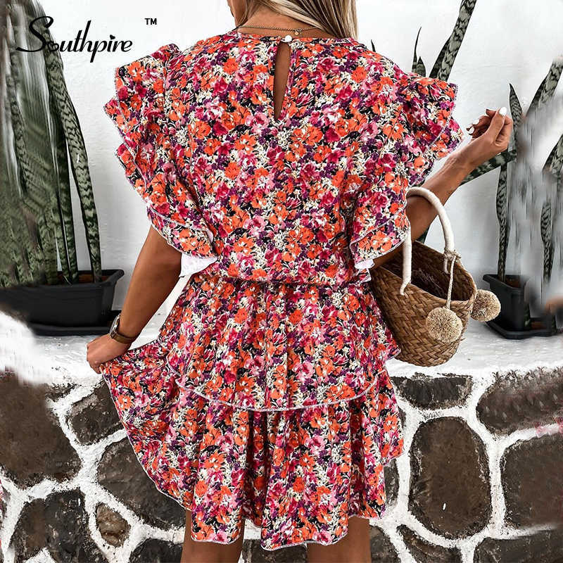 Southpire Red Floral Print Boho Dress Women A-Line Short Sleeve Ruffle Summer Dress Mini Day Party Beach Sundress Ladies 210630