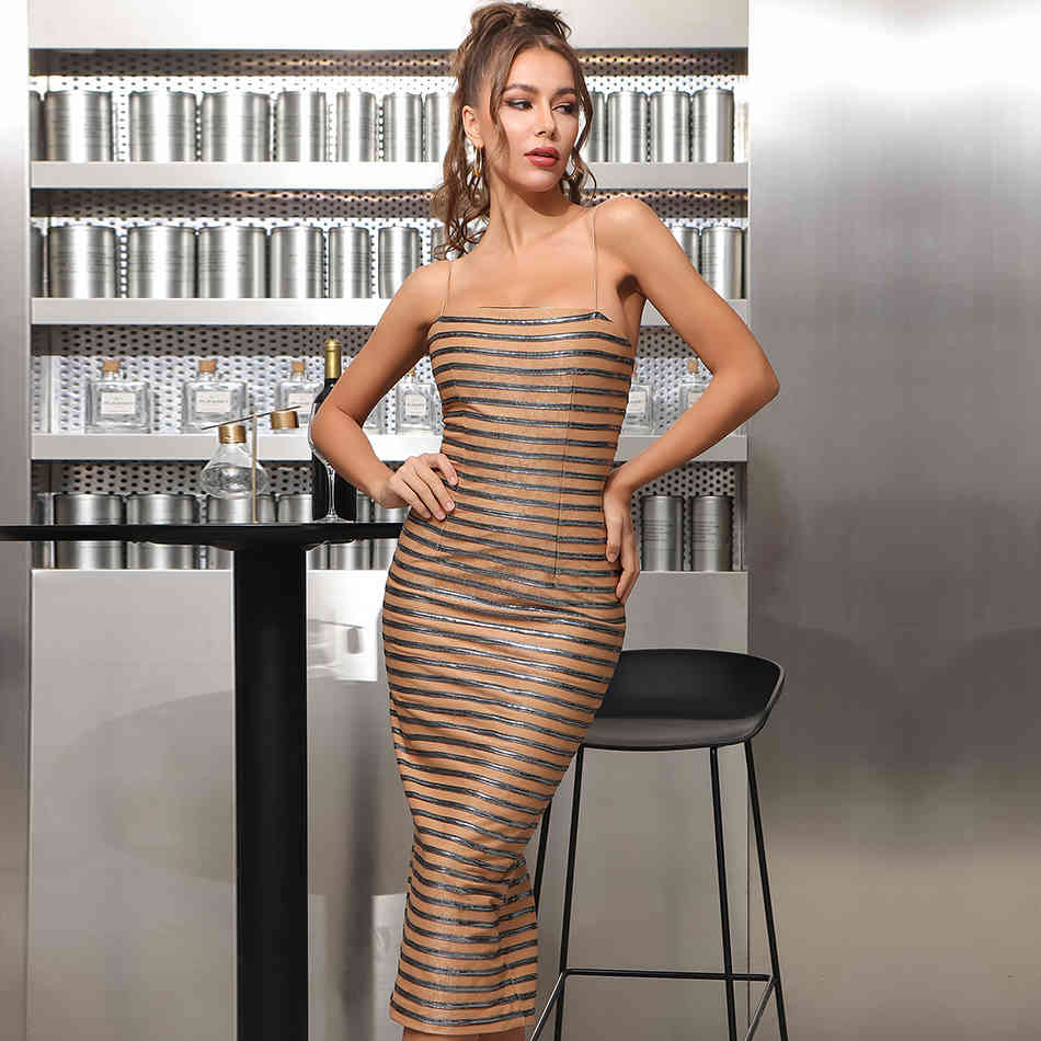 Summer Women Spaghetti Strap Striped Midi Dress Sexy Sleeveless Bodycon Club Celebrity Evening Runway Party 210423